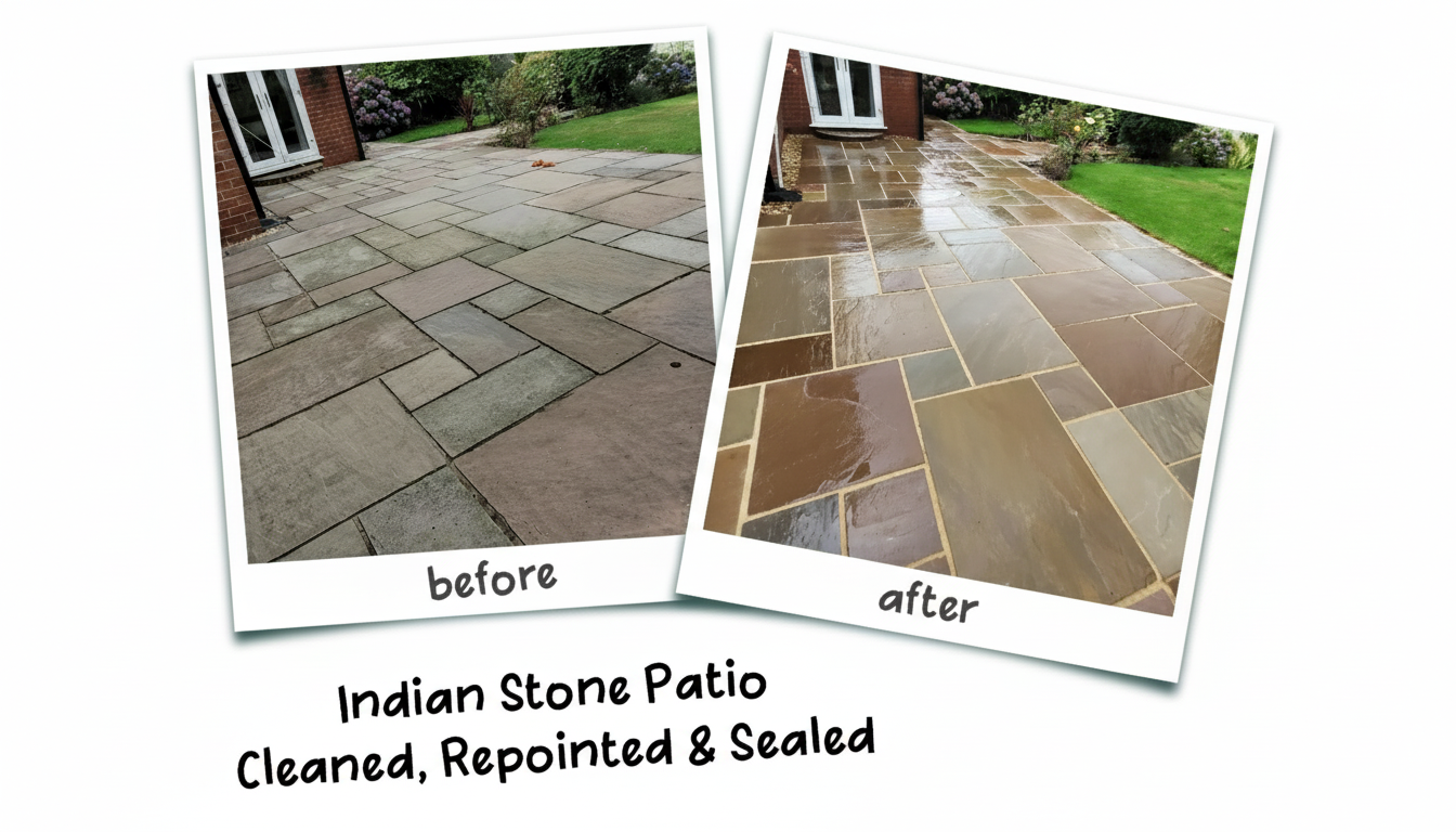 Indian stone patio repointing before after Kent - cleaned repointed sealed showing dramatic transformation